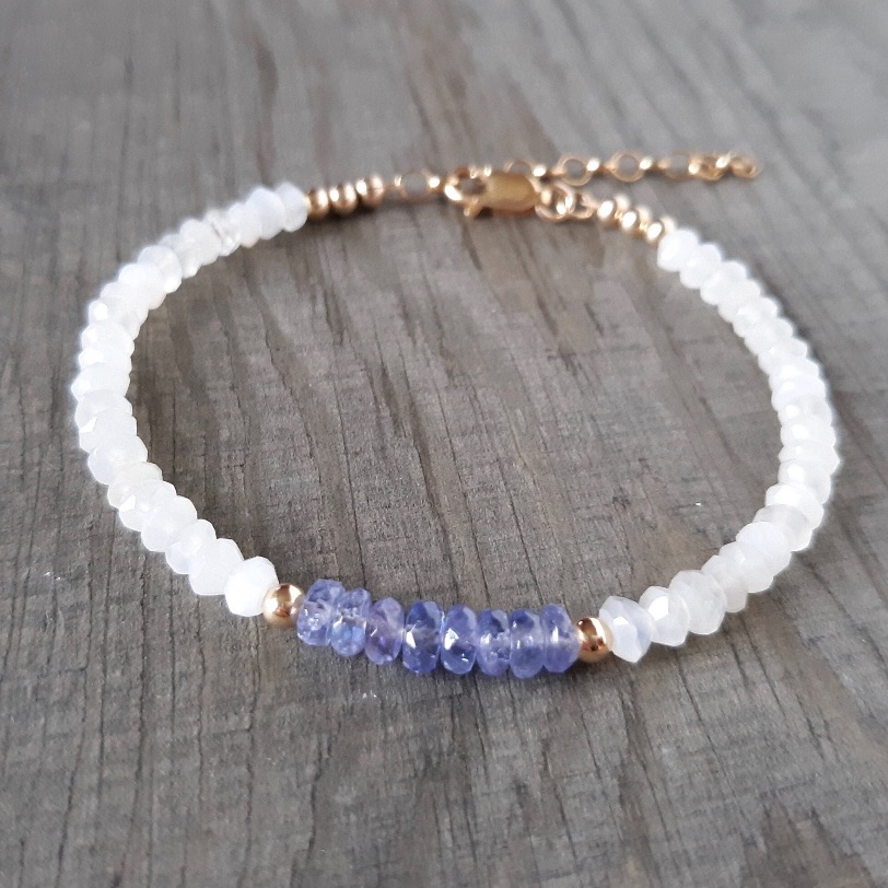 Tanzanite Moonstone Bracelet 14k Gold Filled Natural Gemstone Beaded Handmade